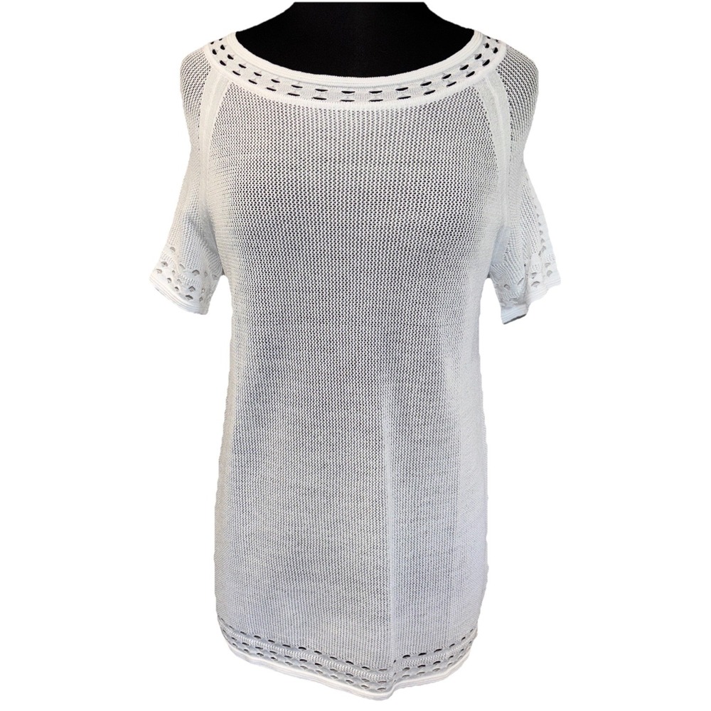 yest Mesh Tunic Women‎ Size 6 White Short Sleeves Coastal Beach Old Money Travel